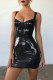 Black Fashion Sexy Solid Patchwork Backless Spaghetti Strap Sleeveless Dress