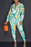 Green Fashion Casual Print Patchwork Buckle Turndown Collar Long Sleeve Two Pieces