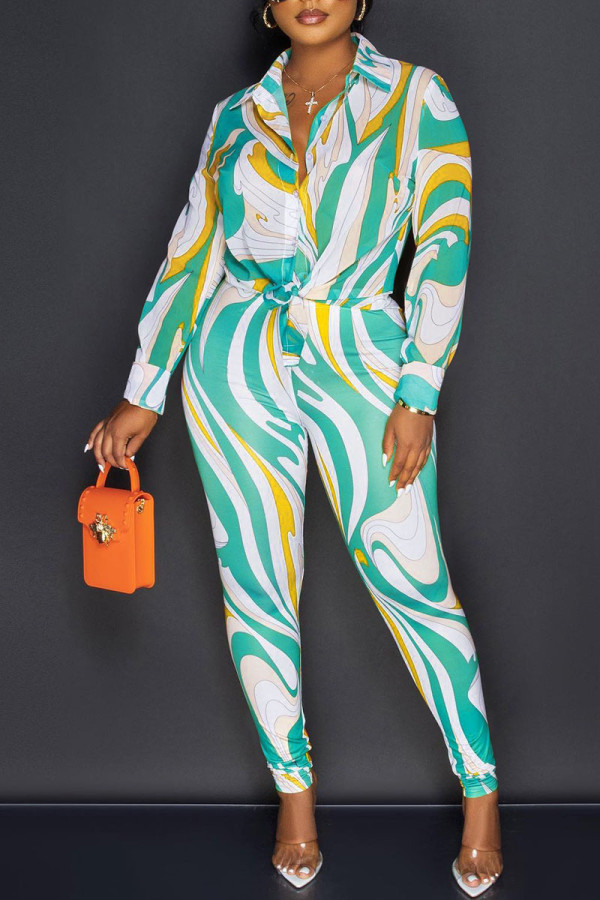Lake Blue Fashion Casual Print Patchwork Buckle Turndown Collar Long Sleeve Two Pieces