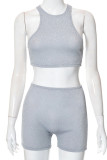 Silver Sexy Sportswear Solid Patchwork O Neck Sleeveless Two Pieces