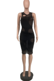 Light Blue Sexy Solid Mesh O Neck Pencil Skirt Dresses