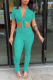 Cyan Sexy Solid Patchwork Turndown Collar Short Sleeve Two Pieces