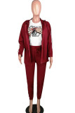 Red Casual Two Piece Suits Solid Straight Long Sleeve