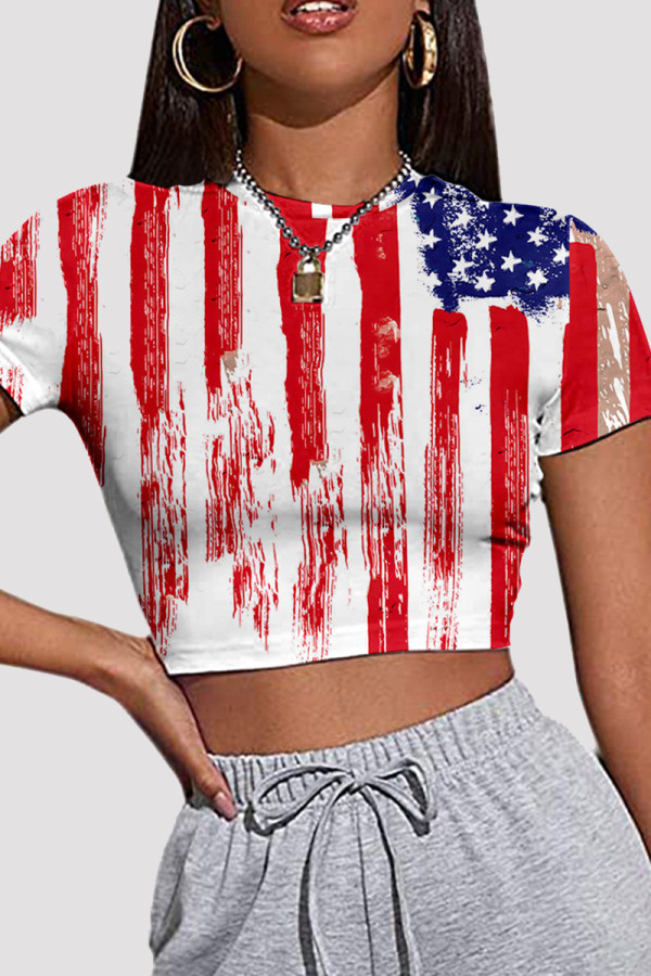 Red White Fashion Casual Print Patchwork O Neck T-Shirts