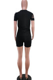 Black Fashion Sexy adult Patchwork Solid Hole Burn-out Two Piece Suits HOLLOWED OUT pencil Short Sleeve Two Pieces