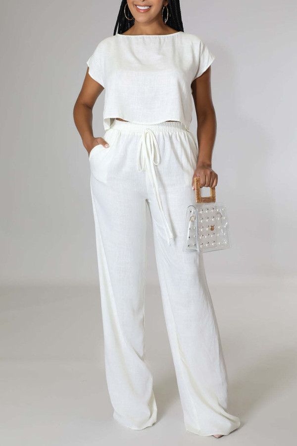 White Casual Solid Patchwork O Neck Short Sleeve Two Pieces