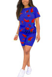 Blue Fashion Casual adult Patchwork Print Two Piece Suits pencil Short Sleeve Two Pieces