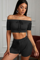 Black Fashion Sexy adult Ma'am Patchwork Solid Two Piece Suits Straight Short Sleeve Two Pieces