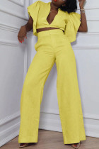 Yellow Sexy Solid Patchwork V Neck Short Sleeve Two Pieces
