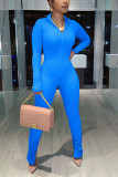 Blue Fashion Casual Solid Basic V Neck Skinny Jumpsuits