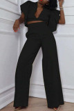 Black Sexy Solid Patchwork V Neck Short Sleeve Two Pieces