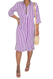 purple Fashion Casual adult Red Black Blue Green Yellow purple Cap Sleeve Half Sleeves Notched Step Skirt Knee-Length Striped Print Patchwork fastener Dresses