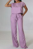 Pink Casual Solid Patchwork O Neck Short Sleeve Two Pieces
