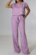 Purple Casual Solid Patchwork O Neck Short Sleeve Two Pieces