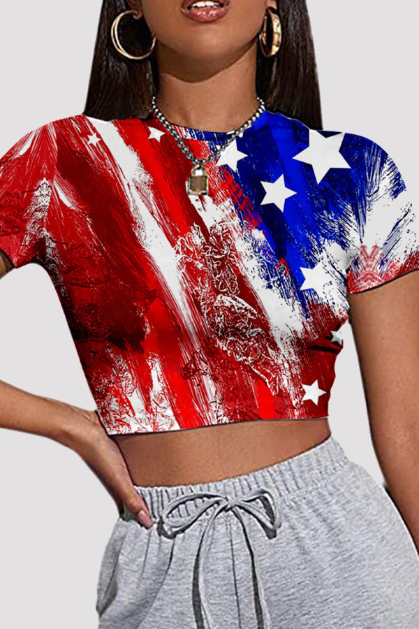Red Blue Fashion Casual Print Patchwork O Neck T-Shirts