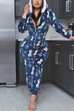 Blue Casual Character Print Hooded Collar Regular Jumpsuits