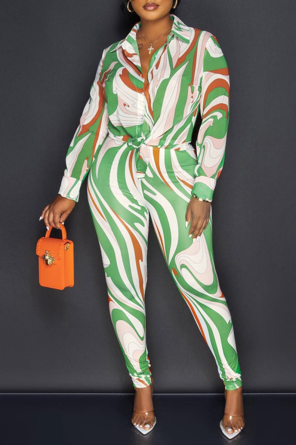 Green Fashion Casual Print Patchwork Buckle Turndown Collar Long Sleeve Two Pieces