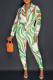 Green Fashion Casual Print Patchwork Buckle Turndown Collar Long Sleeve Two Pieces