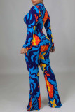 Cyan Casual Print Patchwork Buckle Turndown Collar Long Sleeve Two Pieces