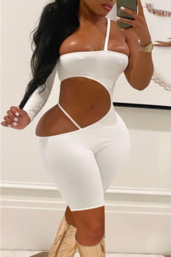 White Sexy Solid Hollowed Out Patchwork Strapless Skinny Rompers