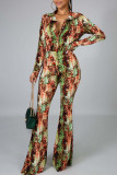 Cyan Casual Print Patchwork Buckle Turndown Collar Long Sleeve Two Pieces
