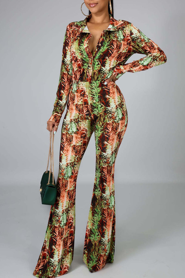Red-brown Casual Print Patchwork Buckle Turndown Collar Long Sleeve Two Pieces