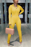 Yellow Fashion Casual Solid Basic V Neck Skinny Jumpsuits