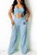 Light Blue Fashion Sexy Print Fold Strapless Sleeveless Two Pieces