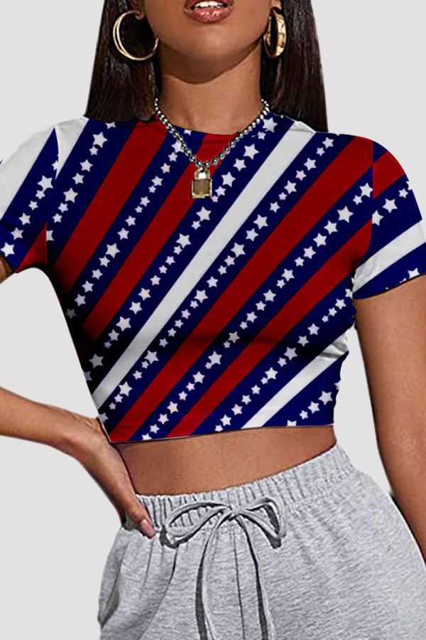 Dark Blue Red Fashion Casual Print Patchwork O Neck T-Shirts