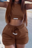 Coffee Fashion Casual Solid Patchwork O Neck Sleeveless Two Pieces