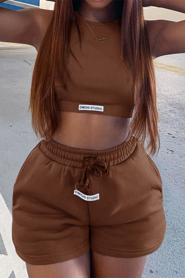Coffee Fashion Casual Solid Patchwork O Neck Sleeveless Two Pieces
