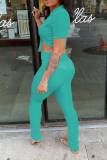 Cyan Sexy Solid Patchwork Turndown Collar Short Sleeve Two Pieces