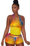 Yellow Fashion Sexy adult Patchwork Print Character Tie Dye Two Piece Suits Straight Sleeveless Two Pieces