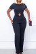 Black Casual Solid Hollowed Out Patchwork O Neck Short Sleeve Two Pieces