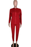 Red Casual Two Piece Suits Solid Straight Long Sleeve