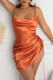 Tangerine Red Sexy Solid Patchwork Draw String Fold Asymmetrical Spaghetti Strap Sling Dress Dresses