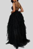 Black Sexy Solid Patchwork Asymmetrical Spaghetti Strap Sleeveless Two Pieces