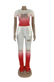 Red Fashion Gradual Change Ripped O Neck Short Sleeve Two Pieces