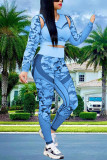 Baby Blue Fashion Sexy Casual Spandex Fiber Patchwork Print Pierced Camouflage Print Hollowed Out Patchwork Capris O Neck Long Sleeve Regular Sleeve Short Two Pieces