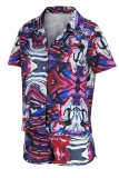 Blue Red Casual Print Patchwork Buckle Turndown Collar Short Sleeve Two Pieces