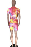 Pink Fashion Active Patchwork Print Tie Dye Two Piece Suits Straight Short Sleeve Two Pieces