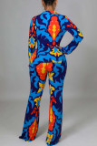 Cyan Casual Print Patchwork Buckle Turndown Collar Long Sleeve Two Pieces