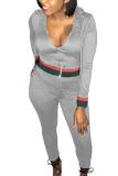 Grey Casual Twilled Satin Solid Patchwork Hooded Collar Long Sleeve Regular Sleeve Regular Two Pieces