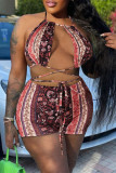 Multicolor Fashion Sexy Print Bandage Backless O Neck Sleeveless Two Pieces