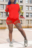 rose red Fashion Sexy adult Patchwork Solid Hole Burn-out Two Piece Suits HOLLOWED OUT pencil Short Sleeve Two Pieces