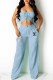 Light Blue Fashion Sexy Print Patchwork Fold Strapless Sleeveless Two Pieces