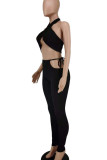 Black Sexy Solid Bandage Patchwork Halter Sleeveless Two Pieces