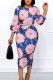Blue Casual Elegant Print Patchwork O Neck Pencil Skirt Dresses(Contain The Belt)