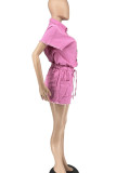 Pink Casual Solid Patchwork Buckle Turndown Collar Short Sleeve Two Pieces