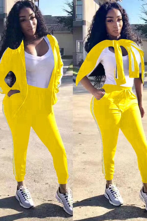 Yellow Casual Two Piece Suits Solid Straight Long Sleeve